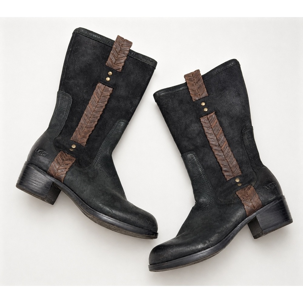 UGG Jaspan Black Suede Nubuck Braided Leather Mid Calf Boots 1004206 Womens 6